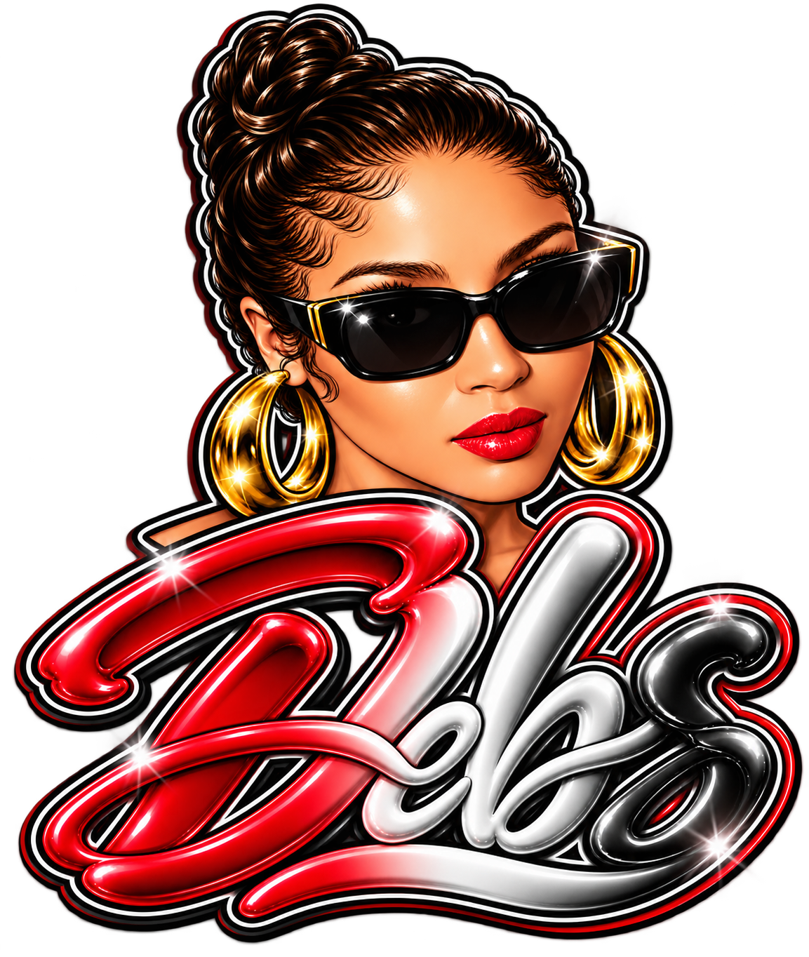 DEBS chrome portrait logo with sunglasses, gold hoop earrings and red lipstick