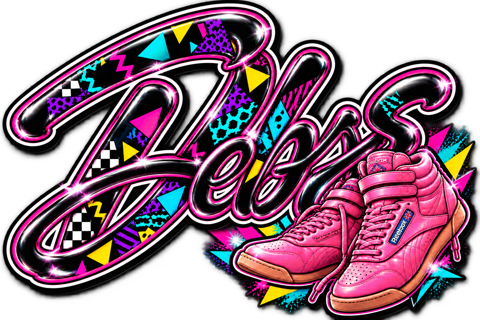 DEBS 80s Icon logo with vibrant retro colors and pink sneakers